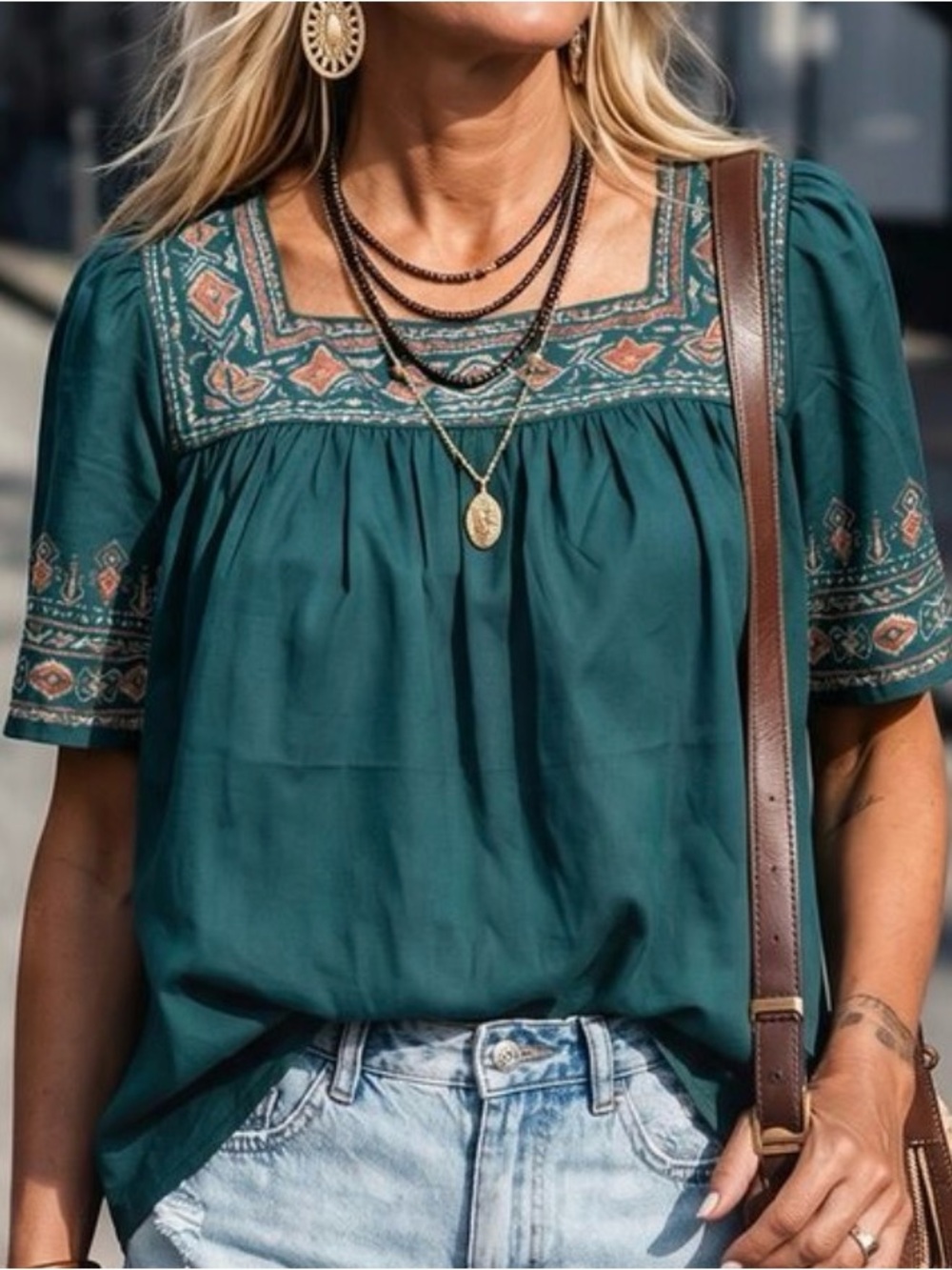 Boho Embroidered Square Neck Top - Teal